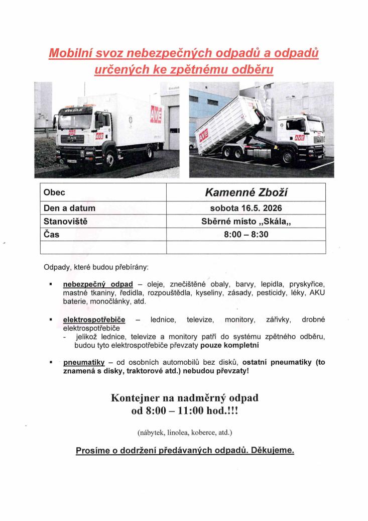 Mobilní svoz nebezpečných opadů 16.5.2026   